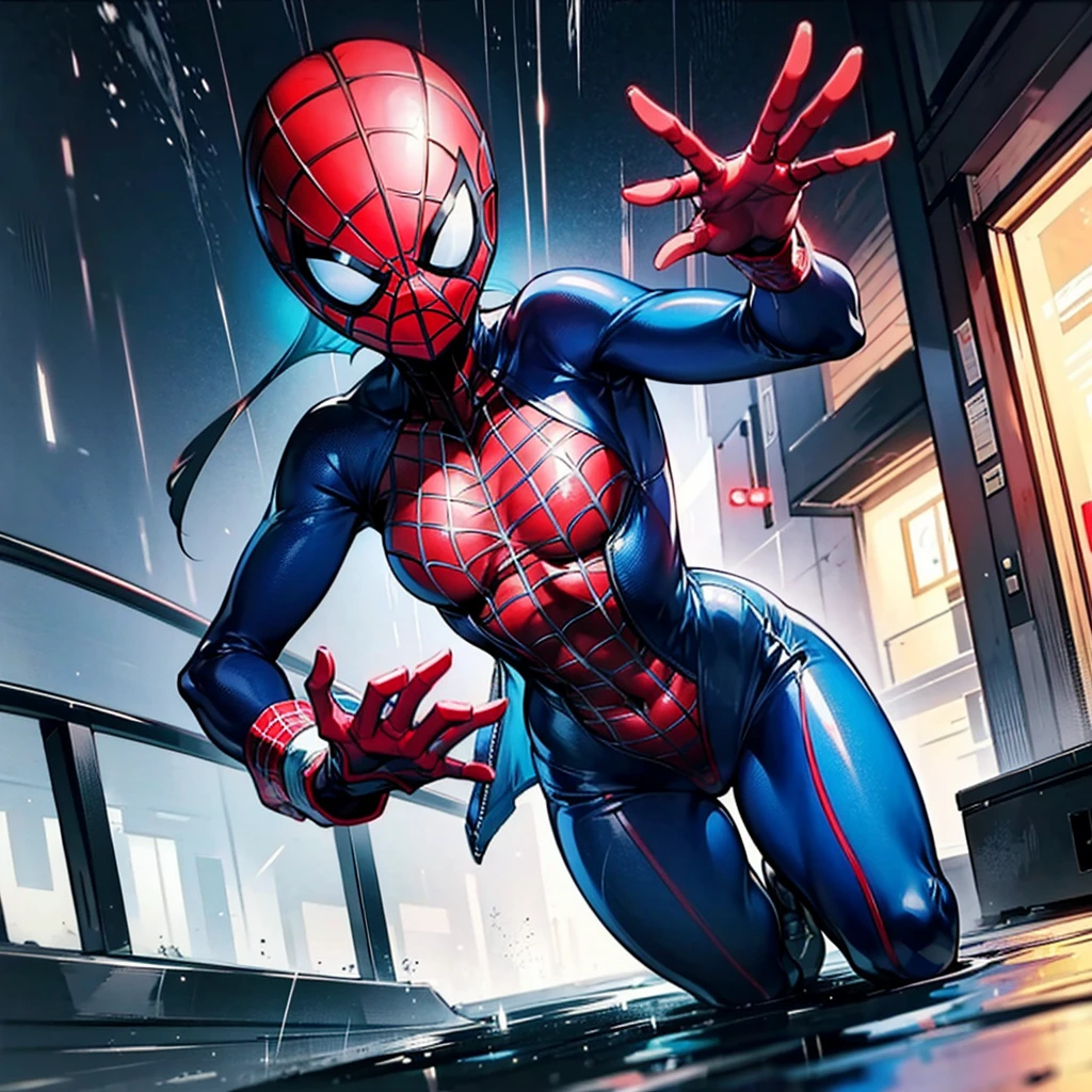 Make a cool spiderman scene, in rain, dark night, cyan and red light
