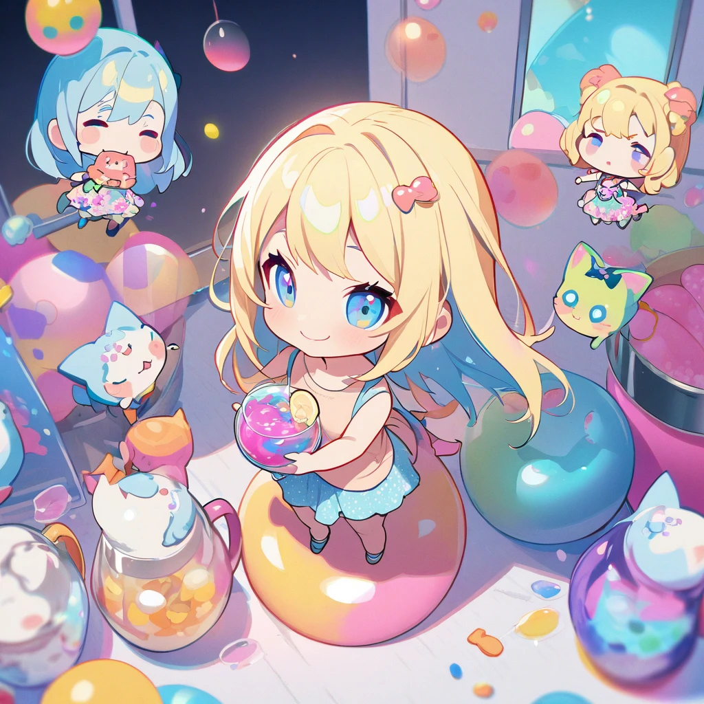 masterpiece、Highest quality、Depth of subject、２D illustration、1 beautiful girl、独奏, (((chibi style)))、Long, beautiful hair、shiny blonde hair、cute、Beautifully detailed eyes、((Tank top))、a glass of blue soda, ((colorful))、mini skirt、((happy smile))、((kitten cluster)), ((full body shot))、((in the room))、((There&#39;s a lot of pink around))、Thighs、((vivid color))、sparkle、((Lens flare))、