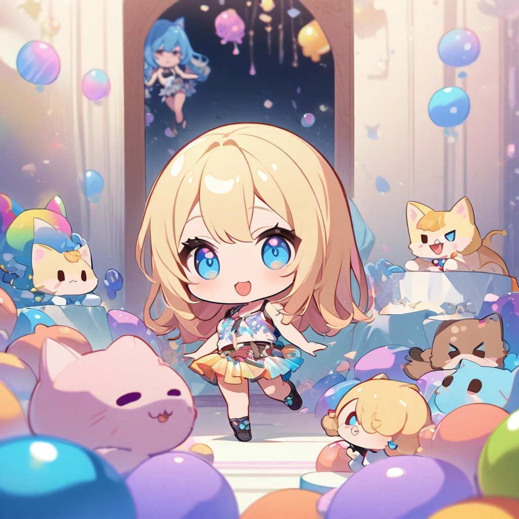 masterpiece、Highest quality、Depth of subject、2D illustration、1 beautiful girl、独奏, (((chibi style)))、Long, beautiful hair、shiny blonde hair、cute、Beautifully detailed eyes、((Tank top))、a glass of blue soda, ((colorful))、mini skirt、((happy smile))、((kitten cluster)), ((full body shot))、((in the room))、((There's a lot of pink around))、Thighs、((vivid color))、sparkle、((Lens flare))、