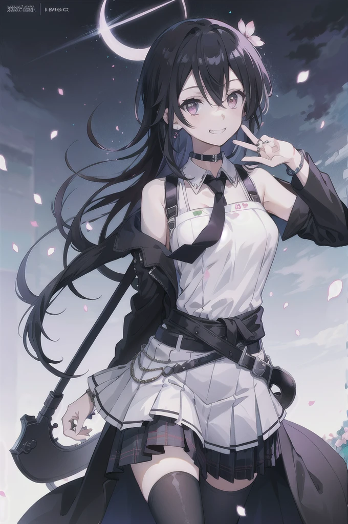 masterpiece, best quality,  full body,
1girl, bangs, black choker, black necktie, black hair, blue skirt, blush, bracelet, breasts, choker, clothes around waist, collarbone, collared shirt, cowboy shot, dress shirt, ear piercing, eyebrows visible through hair, gradient hair, grin, gyaru, jewelry, kogal, long hair, looking at viewer, loose necktie, necktie, piercing, plaid, plaid skirt, pleated skirt, red eyes, ring, school uniform, shirt, skirt, smile, solo, white shirt,
street, sky, cherry blossoms, petals,illustration, (magazine:1.3), (cover-style:1.3), fashionable, woman, vibrant, outfit, posing, front, colorful, dynamic, background,  elements, confident, expression, holding, statement, accessory, majestic, coiled, around, Touch, scene, Text, cover, bold, attention-grabbing, title, stylish, Font, catchy, headline, larger, striking, modern, trendy, focus, fashion,Female Kirito、Long hair、Black tights