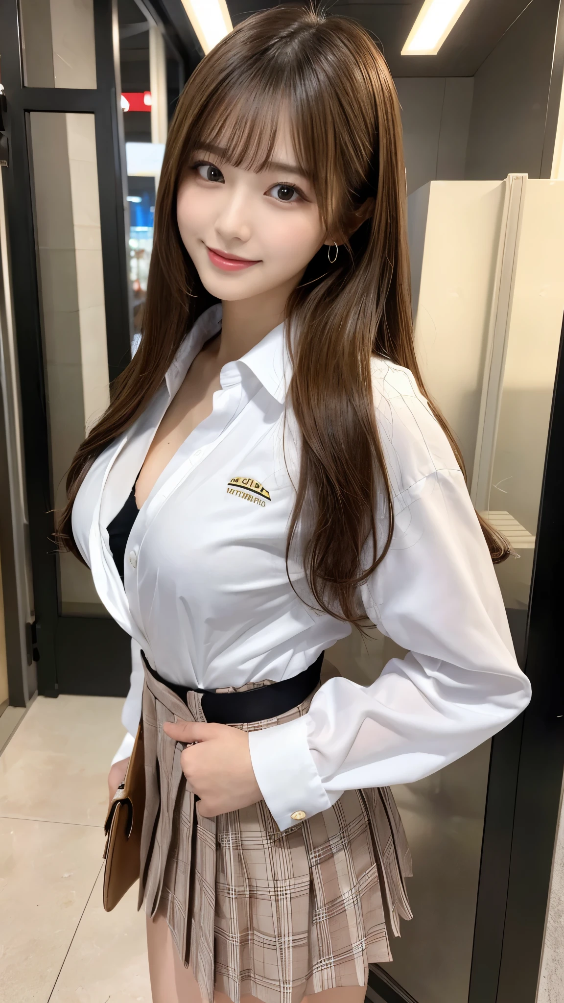 (Detailed skin:1.2),(Shiny skin:1.1),8K,Highest quality, masterpiece, Ultra-high resolution,(Realistic:1.4), RAW Photos,(Soft saturation:1.3),(Fair skin:1.2),Japanese Idols,repair,20 years, Light brown hair, (Shore Surf:1.2)、(Long Hairstyles:1.2), Asymmetrical Hair, Asymmetrical bangs (Pretty face:1.4), (Large Breasts, Tight waist), Beautiful lighting, Small Head, (Student Uniform:1.2,),Highly detailed face, Highly detailed lips, fine grain, double eyelid,(Full Body Shot), Browsing Caution, (Sharp focus: 1.2), (Perfect Anatomy、Beautiful woman with perfect figure: 1.2)、Exposing cleavage、Random sexy poses,Accentuate your leg lines、Smiling