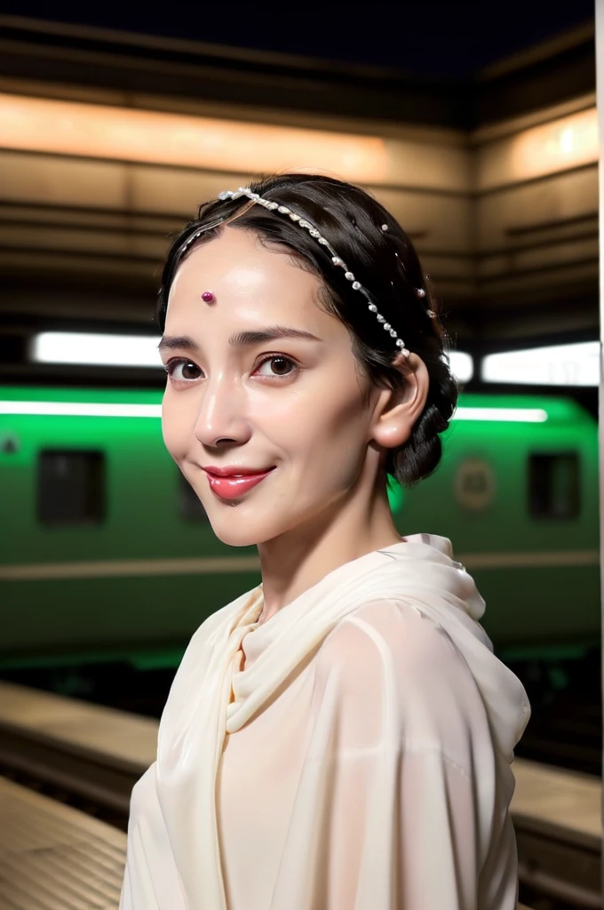 (((Ultimate Photorealistic, ultimate high-quality 32k photo))),(((From the front、cowboy-shot photo, looking at viewer))),(((( Seductive pose, 7 heads、Staring Intently :1.8)))),(((A pure white business blouse with a wide V-neck and extremely thin fabric., Soaking wet、She is looking straight at the camera with a very shy look on her face.。light makeup、A simply styled, lustrous, short black haircut。A very simple and very modest pearl necklace 1.4)))。((Highest quality)), ((masterpiece)), (((detailed))), (midnight ,A modern train station platform in Tokyo on a dark, pouring, stormy night, Low Key Lighting:1.6)、(((A very beautiful, extremely elegant and intelligent 39-year-old Japanese woman。Very intelligent, with a goddess-like face and figure。An extremely elegant, calm and modest smile, Being drunk、My eyes are quite watery、I'm very horny、embarrassed ,blush, Curvy Body、Extremely realistic, detailed and beautiful depiction of the face and waist:1.9)))、(((The skin is white and very smooth。A very hot rainy summer night、I'm pretty sweaty、My clothes were soaked and pretty see-through.、When wet, it sticks tightly to the skin, revealing the beautiful lines of the body.、Through the extremely thin fabric, her skin and her navy blue, lacy, high-end underwear are clearly visible.:1.9)))。(((A simple and elegant business pencil skirt in a plain navy blue knee-length,The clothes fit the body very well:1.8))), ((Healthy Body、The line of the chest, collarbone and décolletage are extremely beautiful.:1.9))。(((large&good hips、large&nice chests )))