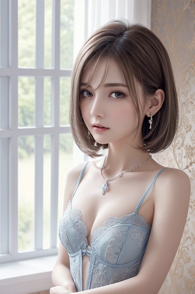 blue lace thong&Good, (((Very elegant and beautiful, Perfect detail, Super detailed))), whole body, The most detailed girl, Depth of written boundary, 美しく詳細なwhole body, Thin legs, 1 girl, 30 years old, Very short hair, Spiked Hair, Gray and silver hair, Beautiful detailed hair, Perfect Face, Expressionless, Beautifully detailed deep eyes, Open your mouth a little, Delicate arms and hands, Pale skin, Earrings, Beautiful and gorgeous necklace, Colorful background, HD background, Blurred Background, Very delicate and beautiful, Masterpiece, (((Highest quality, Very beautiful 8K CG wallpaper))), (((Trendy hairstyles))), (Inside the room,Stylish interior,window),