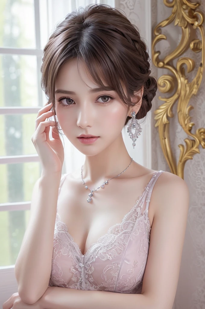 purple lace thong&Good, (((Very elegant and beautiful, Perfect detail, Super detailed))), whole body, The most detailed girl, Depth of written boundary, 美しく詳細なwhole body, Thin legs, 1 girl, 30 years old, Very short hair, Spiked Hair, Gray and silver hair, Beautiful detailed hair, Perfect Face, Expressionless, Beautifully detailed deep eyes, Open your mouth a little, Delicate arms and hands, Pale skin, Earrings, Beautiful and gorgeous necklace, Colorful background, HD background, Blurred Background, Very delicate and beautiful, Masterpiece, (((Highest quality, Very beautiful 8K CG wallpaper))), (((Trendy hairstyles))), (Inside the room,Stylish interior,window),