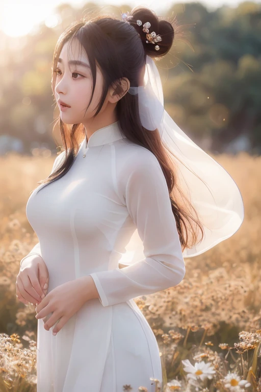 (a beautiful asian girl in white aodai:1.2) , masterpiece, best quality, realistic:1.3,in a field of flowers, sunlight, backlighting
(lacy panty:1), (lacy bra:1), (from side)
(twin tail| hair bun| bun hair|updo hair), hair accessory