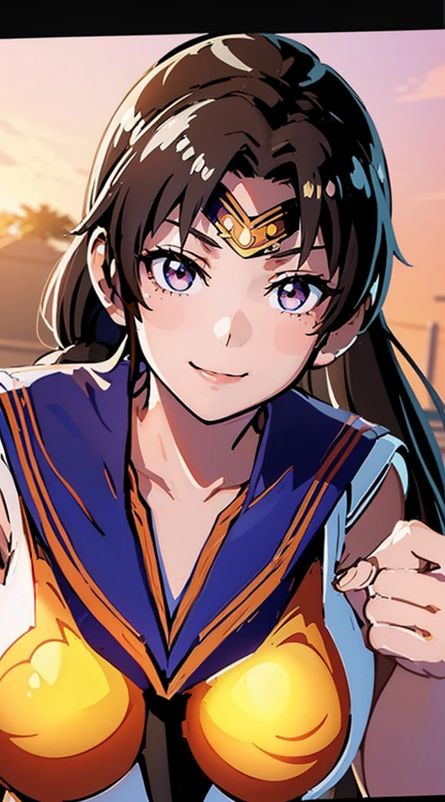 Sailor Pluto, smile, View your viewers, (((Sailor Warrior Uniforms:1.8))), skirt, gloves、((8K)), ((32k)), ((Highest quality)), ((masterpiece)), ((超High resolution)), ((Tmasterpiece)), (((head shot:1.6)))、((8K)), ((32k)), ((Highest quality)), ((masterpiece)), ((超High resolution)), Fine skin、Expose your shoulders、魅惑的なsmile、Brown Hair, Brown eyes, Long and high ponytail, hair band, 1 person、Age 25, Japanese Mature, beautiful指, beautiful長い脚, beautiful体, beautiful鼻, beautifulキャラクターデザイン, Perfect Eyes, Perfect Face, jewelry, See through, smile、hair ornaments, king of fighters、 (Tabletop, Highest qualityの, Highest quality, beautifully、beautiful: 1.2), Very detailed, More detailed,適切な体のProfessionalポーション,Tabletop,Ultra-high quality output images,High resolution,Intricate details,Very delicate and beautiful hair,Realistic photos,dream-like,Professionalの照明,Realistic Shadows,Focus Only, (Big Breasts:1.2,) , フローティングskirtFine skinの質感, High quality fabric, High quality metallic texture、((Beautiful and dense face))、RAW Photos、Professional, Ultra-fine painting, ((alone)), beautiful胸、Highest quality, Very detailed, Very detailed詳細, Finer details, so beautiful,(Five Fingers, Four fingers and thumb),Concept Art, Anime fantasy artwork, Detailed fantasy art,8KHigh resolution, Detailed Art, 8 Slim legs, Defined, Defined fingers