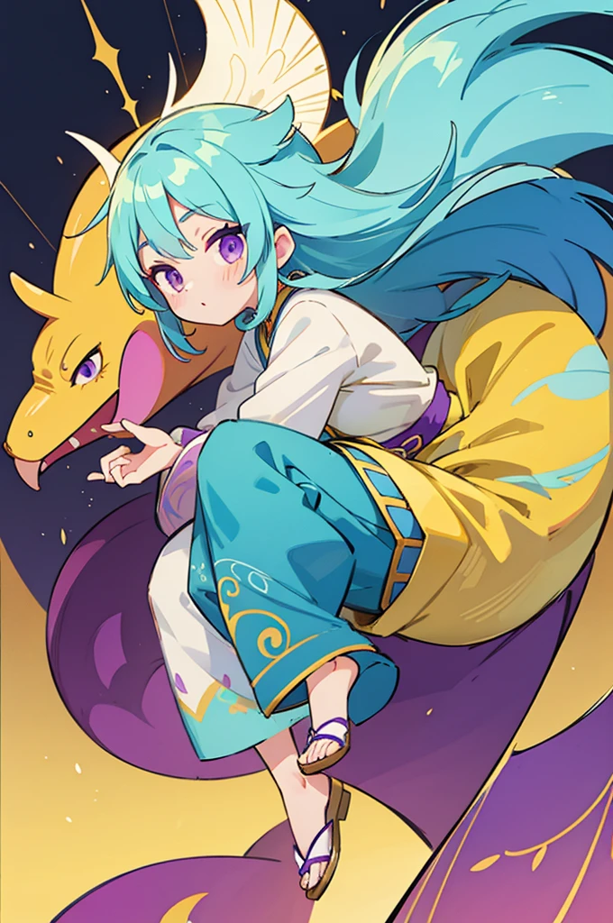 Yellow and light blue two-tone hair, purple eyes, Oriental-style clothes, , Balaur