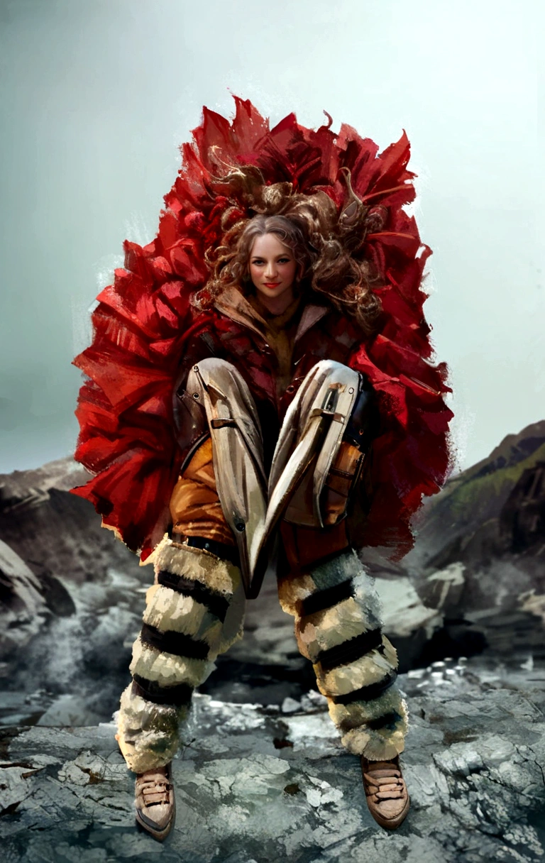 full body,view straight on,smile,sitting,coat,realistic,landscape