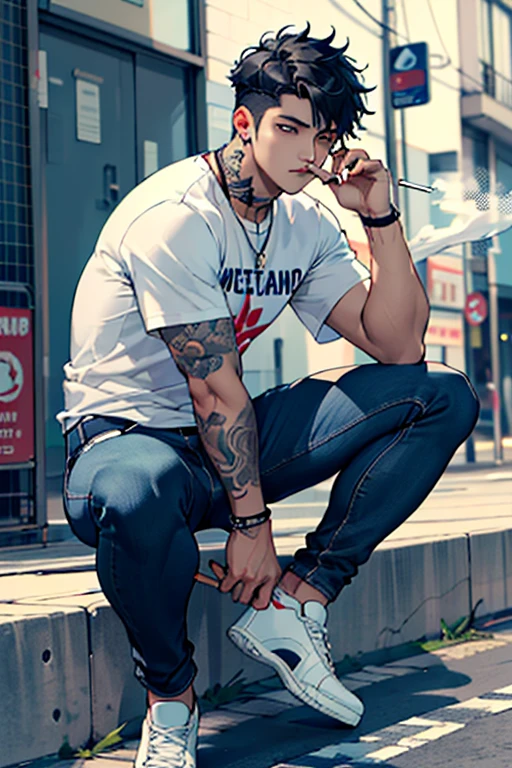 ((Best Quality)), ((Masterpiece)), (detailed), ((without errors)), ((no duplicate limbs))
Create a Korean man who was a K-pop singer, Now he is a rapper living in Argentina, He is short with a slim build, sweet and clean face, black eyes, with smooth, whitish skin although her fine arms are covered with tattoos.It has a more urban and comfortable style, wearing black jeans and an Argentine national team t-shirt. His black hair is disheveled but stylish.. He is smoking a cigarette nonchalantly 