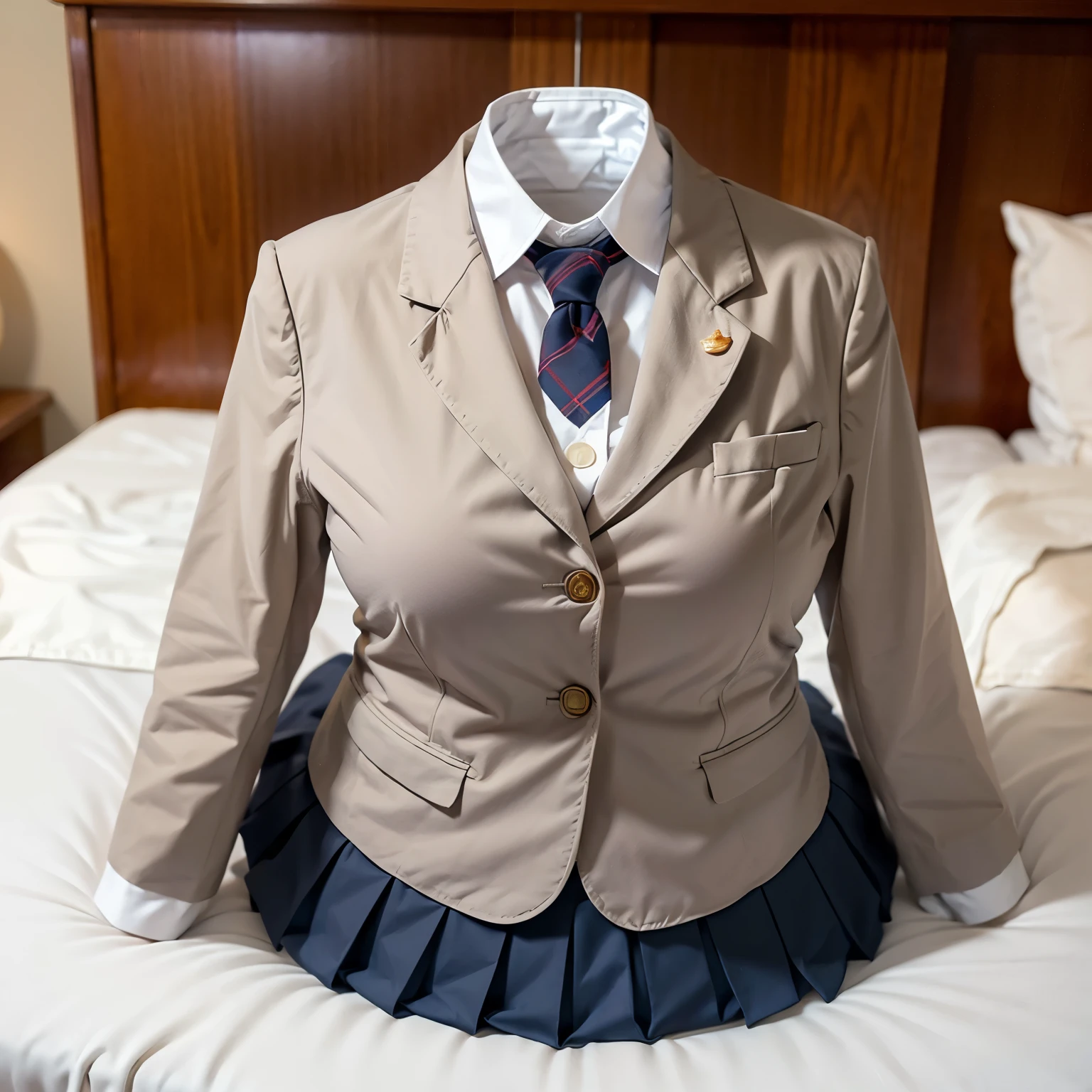  Live Otonokizaka School blazer, on bed, fat, cute big breast, (invisible, no human, headless, handless:1.5)