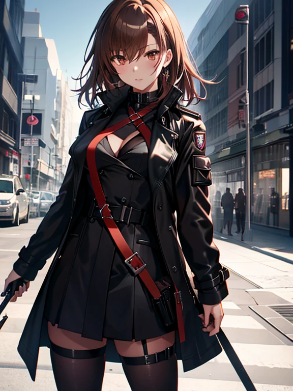 Black Trench Coat, (masterpiece), highest quality, Misaka Mikoto, 1girl, uhd, retina, masterpiece, ccurate, anatomically correct, textured skin, super detail, high details, high quality, best quality, highres, 4K