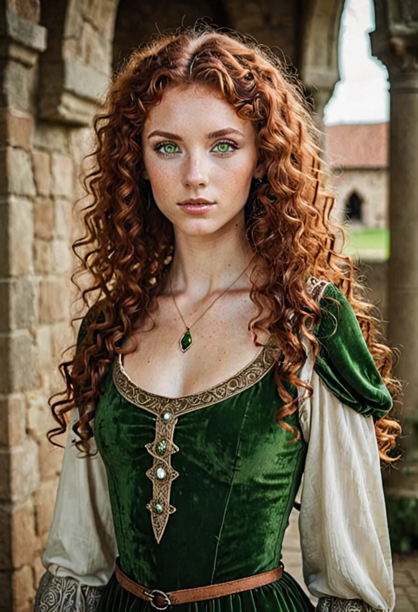 Lady with green eyes, auburn curly hair, skinny body, medieval dress