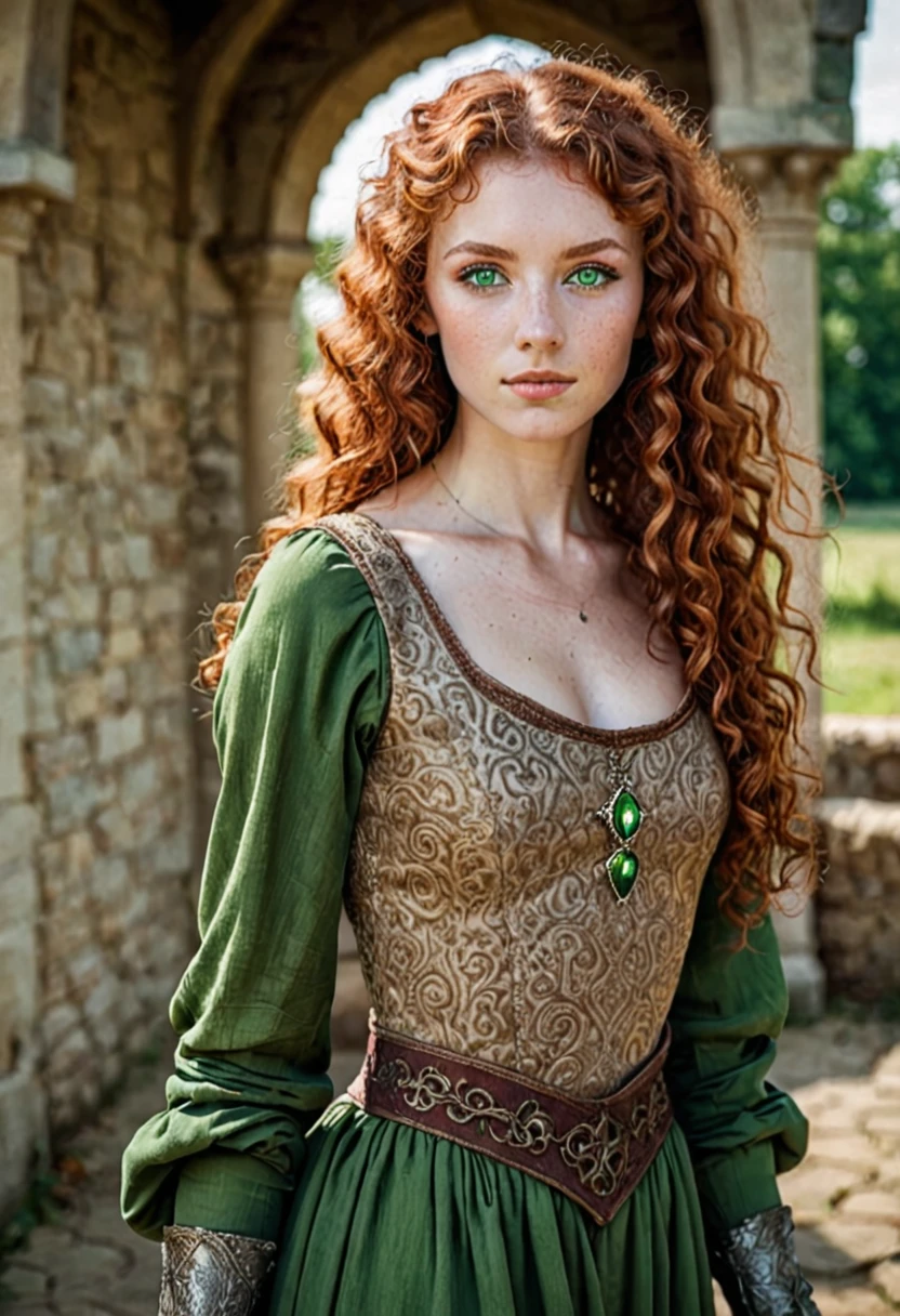 Lady with green eyes, auburn curly hair, skinny body, medieval dress