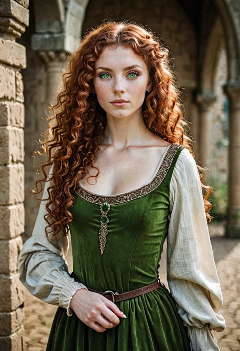 Lady with green eyes, auburn curly hair, skinny body, medieval dress