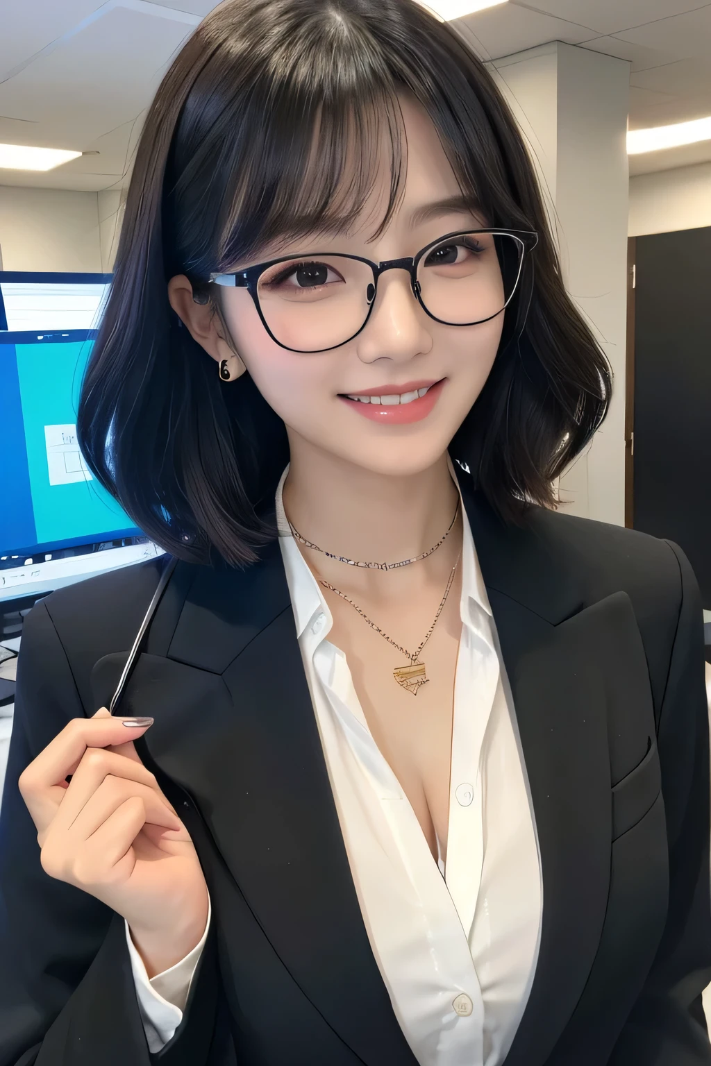Beautiful young woman、 Black Hair、、Wavy Hair、Working in front of a computer、Glasses、Necklace around the neck、Office Lady Suits、Jacket、Unbuttoned shirt、smile、Beautiful teeth alignment、short hair、Intricate details, Very detailed:1.2), 、 Looking into the camera,The background is the office、Necklace around the neck、Dark eyeliner、ear piercing