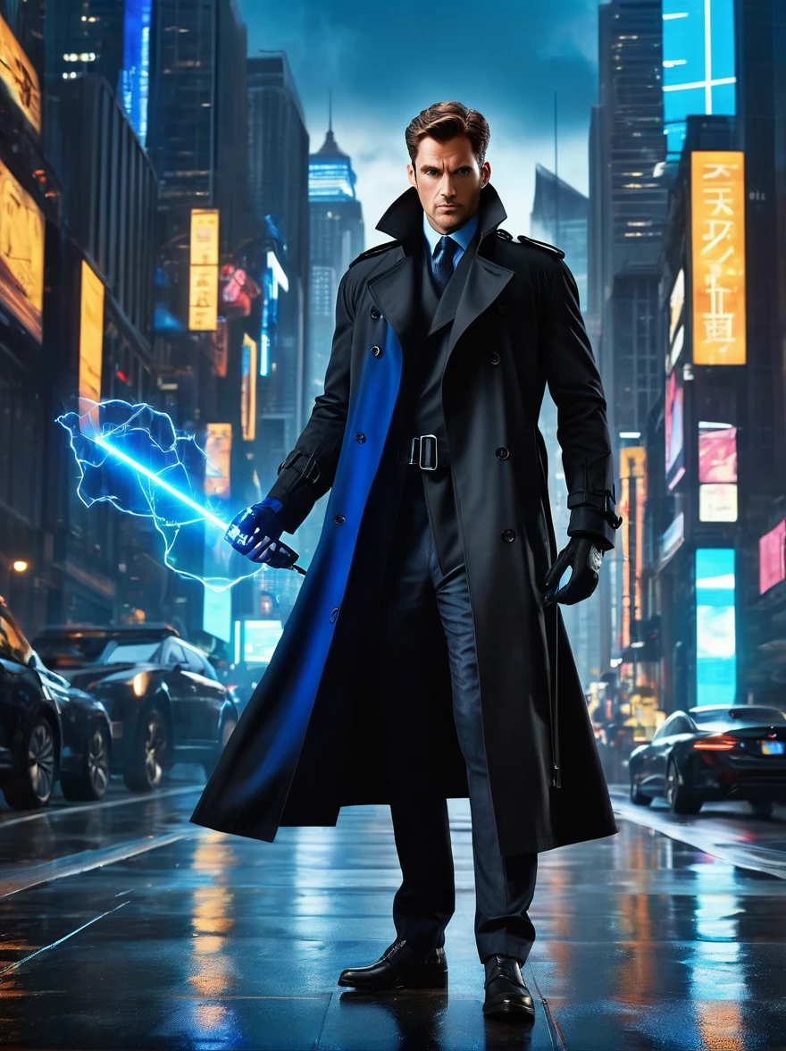 (best quality, 8k,highres,masterpiece:1.2), ultra-detailed, (realistic, photorealistic), (Detective Gadget in a sleek black trench coat:1.5), (Black trench coat:1.7), standing confidently, showcasing advanced futuristic gadgets, electric blue accents on his gadgets, mechanical arms extending from his coat, sharp and determined eyes, futuristic cityscape in background, bokeh, studio lighting, sharp focus