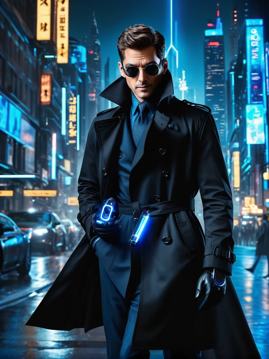 (best quality, 8k,highres,masterpiece:1.2), ultra-detailed, (realistic, photorealistic), (Detective Gadget in a sleek black trench coat:1.5), (Black trench coat:1.7), standing confidently, showcasing advanced futuristic gadgets, electric blue accents on his gadgets, mechanical arms extending from his coat, sharp and determined eyes, futuristic cityscape in background, bokeh, studio lighting, sharp focus