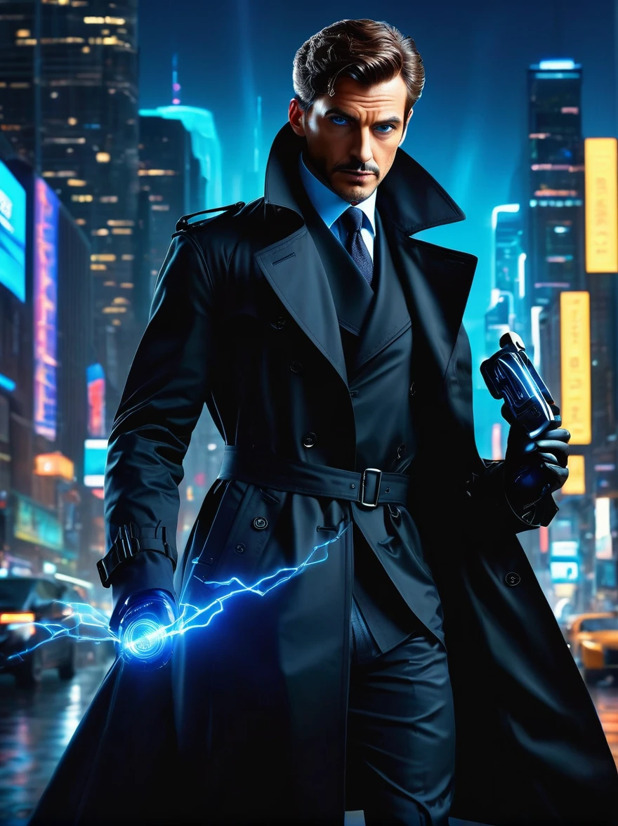 (best quality, 8k,highres,masterpiece:1.2), ultra-detailed, (realistic, photorealistic), (Detective Gadget in a sleek black trench coat:1.5), (Black trench coat:1.7), standing confidently, showcasing advanced futuristic gadgets, electric blue accents on his gadgets, mechanical arms extending from his coat, sharp and determined eyes, futuristic cityscape in background, bokeh, studio lighting, sharp focus