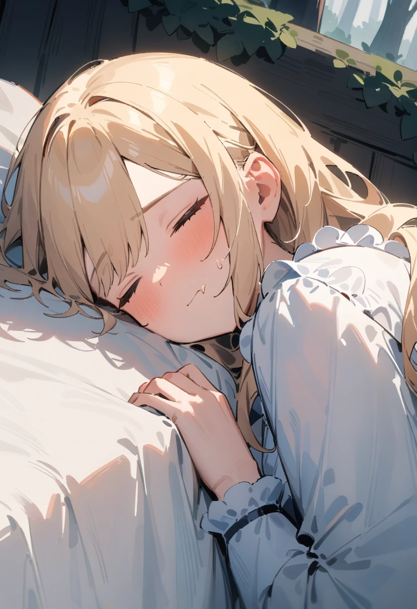 masterpiece, best quality, very aesthetic, absurdres, newest, 1girl, solo, sleeping, long hair, blonde hair, asymmetric bangs, closed mouth, drooling, peaceful expression, Victorian dress, in bed, forest, close-up
