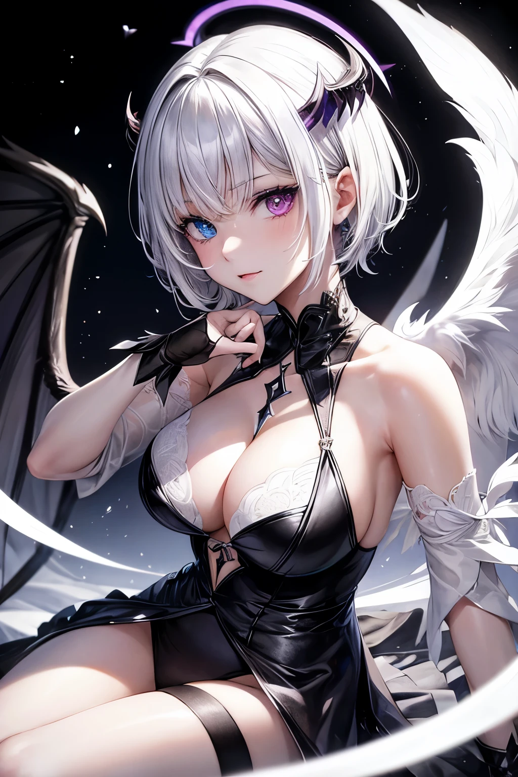 White short hair, Heterochromia（The right eye is blue、Left eye purple）, woman, Black Halo, wing（Half Angel、Half Demon）