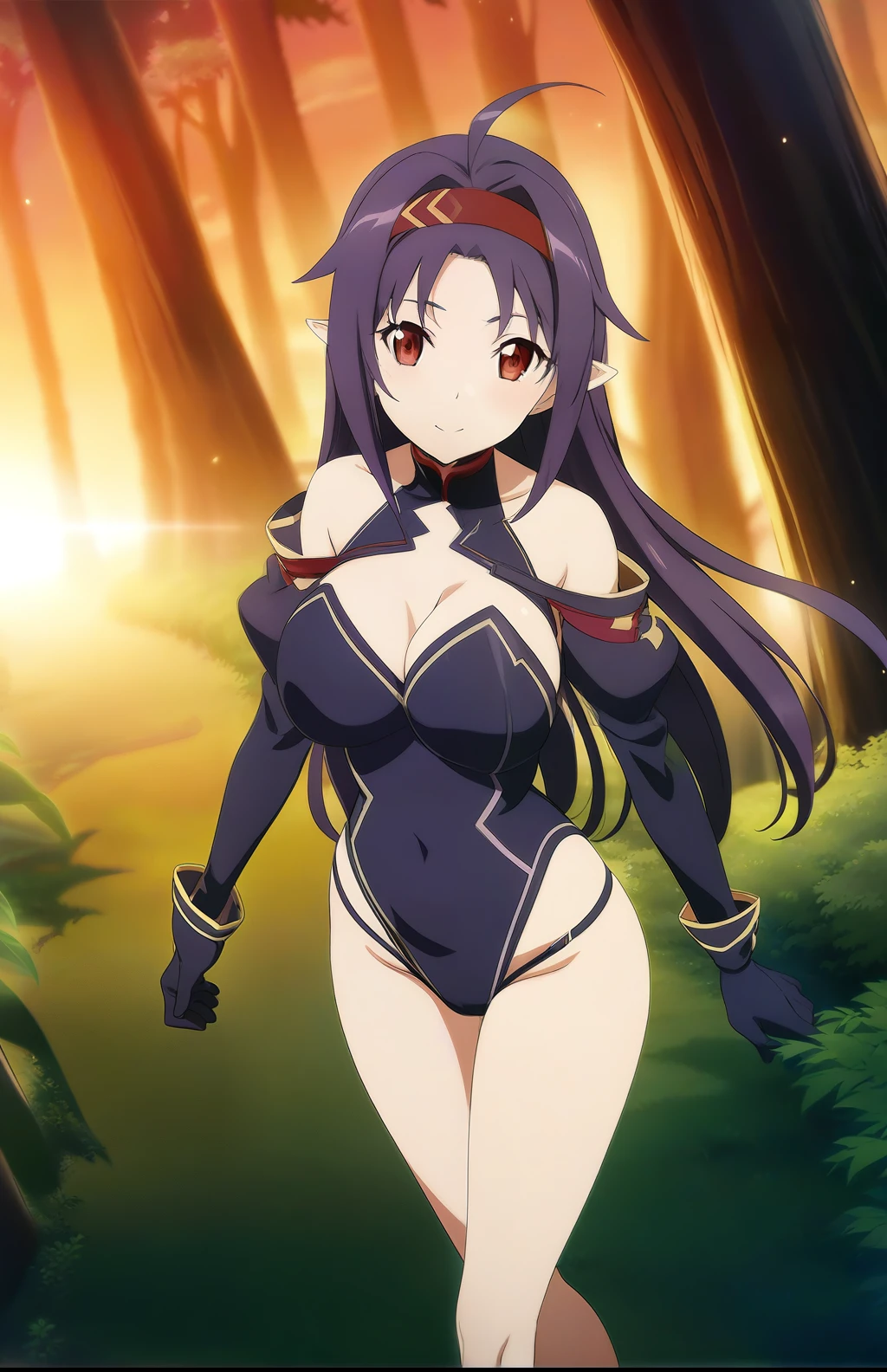 yuuki base, purple hair, long hair, ahoge, red eyes, pointy ears, hairband, bikini, detached sleeves, leotard, purple skirt, bare shoulders, gloves, 1girl, solo, big breast,magical forest, dappled sunlight, sunset, depth of field, cinematic, game cg, anime screencap, official art, masterpiece, best quality, best legs, full body