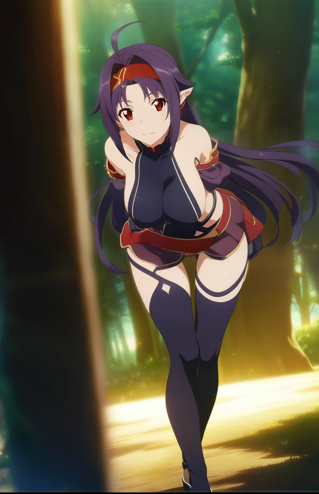 yuuki base, purple hair, long hair, ahoge, red eyes, pointy ears, hairband, bikini, detached sleeves, leotard, purple skirt, bare shoulders, gloves, 1girl, solo, big breast,magical forest, dappled sunlight, sunset, depth of field, cinematic, game cg, anime screencap, official art, masterpiece, best quality, best legs, full body