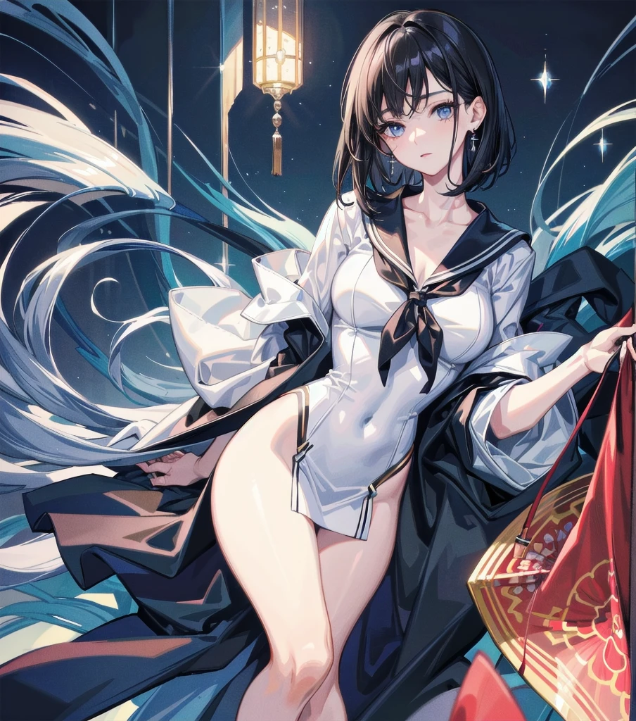 absurdres, RAW photo, extremely delicate and beautiful, masterpiece, Best Quality, ultra high resolution, 32k, hyperrealistic, ultra-detailed, perfect anatomy, super Detailed skin, perfect figure, Japanese woman, late 20s, very Slim body, narrow waist, very small head, handsome detailed woman, very detailed eyes and face, realistic face proportions, Stunning detailed eyes, Realistic beautiful face, very small face, Realistic small beautiful eyes, tearful mole, earring, beautiful and very thin legs, beautiful and very thin thighs, (very huge round breasts), medium hair, black hair, whole body shot, ((school_uniform)),