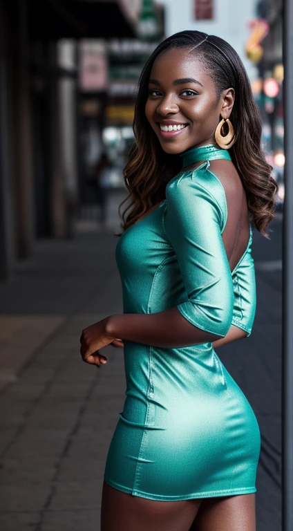 8K, masterpiece, RAW Photos, Highest quality, detailed:1.2),Realistic, Extremely detaileded CG unifies 8K, 8K, diamond, wallpaper, Written boundary depth, Cinematic Light, Lens flare, Ray Tracing, (Very beautiful face, Beautiful Lips, Beautiful Eyes), intricate detailed face, ((ultra detaileded skin)) One African girl, Deep Shadow, Cute African Girl, ,(Very slim and slender muscular body:1.3), ((Viewer Display)),(Big smile), (Bodycon mini dress), (White Dress), (Injection Sleeve) , Background city night, (Neon Signs), Cute African Girl, Earrings, Bangles, necklace, pantyhose, Clear Eyes, walk , (Pale skin), look forward to, (Big eyes), ((Upper Body Shot)), Bodycon mini dress, Silk mini dress , Synthwave Color Dress, Black Choker, Turn back, Side Shot, slim, Healthy Thighs, Thigh Gap