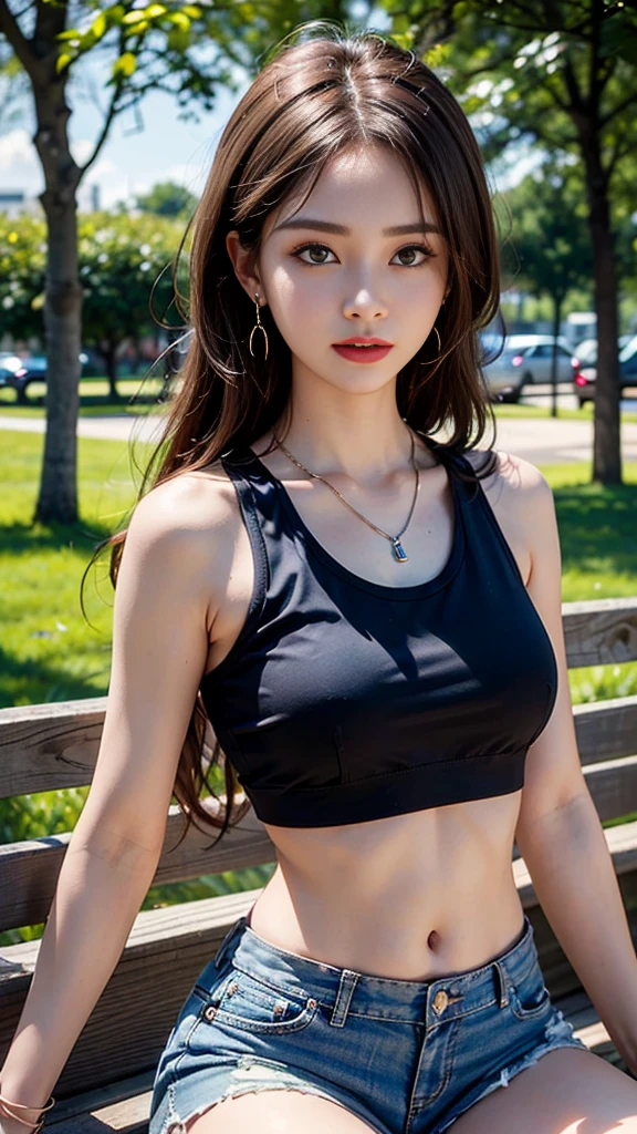 ((Realistic lighting, Highest quality, 8K, masterpiece: 1.3)), Clear focus: 1.2, One girl, Perfect beauty: 1.4, Slim Abs: 1.1, ((Dark brown hair)), (Crop top: 1.4), (Outdoor: 1.1), View of the park, Super detailed face, Beautiful Eyes, double eyelid,7-Head Sexy Beauty、Sexy thighs、Protruding nipples、Mini shorts、No sleeve、necklace、Earrings