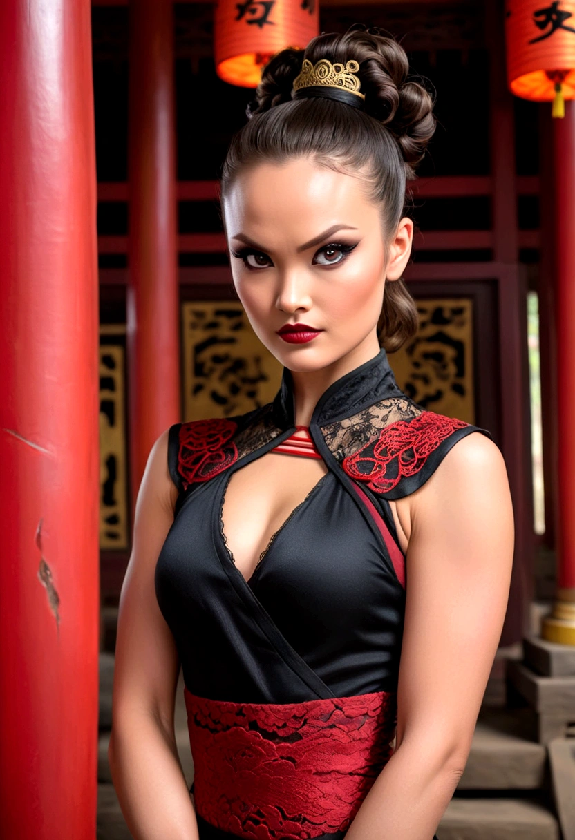 Tori Black asian ninja warrior, ringlets wavy five feet long black hair, updo hairstyle with ponytail on one side and long hairpins holding the bun, dark red glossy lips, heavy black eye shadow long black eyeliner, long sharp nails, black lace beautiful and creative sleeveless ninja warrior bodysuit, forehead lace ornament, posing in a Shaolin temple interior, happy expression, dark ambience night time candle lights. No faces on her chest!