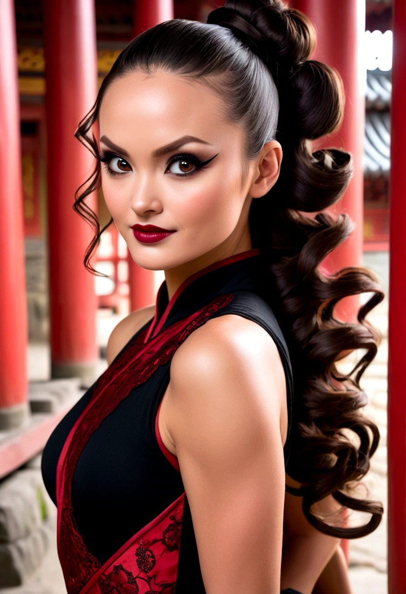 Tori Black asian ninja warrior, ringlets wavy five feet long black hair, updo hairstyle with ponytail on one side and long hairpins holding the bun, dark red glossy lips, heavy black eye shadow long black eyeliner, long sharp nails, black lace beautiful and creative sleeveless ninja warrior bodysuit, forehead lace ornament, posing in a Shaolin temple interior, happy expression, dark ambience night time candle lights. No faces on her chest!