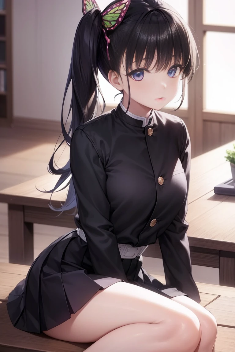 Kanao Tsuyuri, Kanao Tsuyuri, black hair, butterfly, butterfly hair ornament, (purple eyes:1.1), side ponytail, ponytail, NFV,
BREAK black skirt, e.g, Demon Slayer Uniform, long sleeves, pleated skirt, skirt, white e.g,
BREAK looking at viewer,
BREAK indoors, dumb room,
BREAK (table:1.2), Best quality, A high resolution, Обои Unity 8k, (illustration:0.8), (beautiful detailed eyes:1.6), very detailed face, perfect lighting, very detailed computer graphics, (perfect hands, Ideal Anatomy),masterpiece,A high resolution,Ideal Anatomy,Cinematic lighting,anime keyvisual,beautiful detailed eyes,Best quality,unity 8k wallpaper,super detailed skin,White skin,no panties,knees up,upskirt, spread her legs