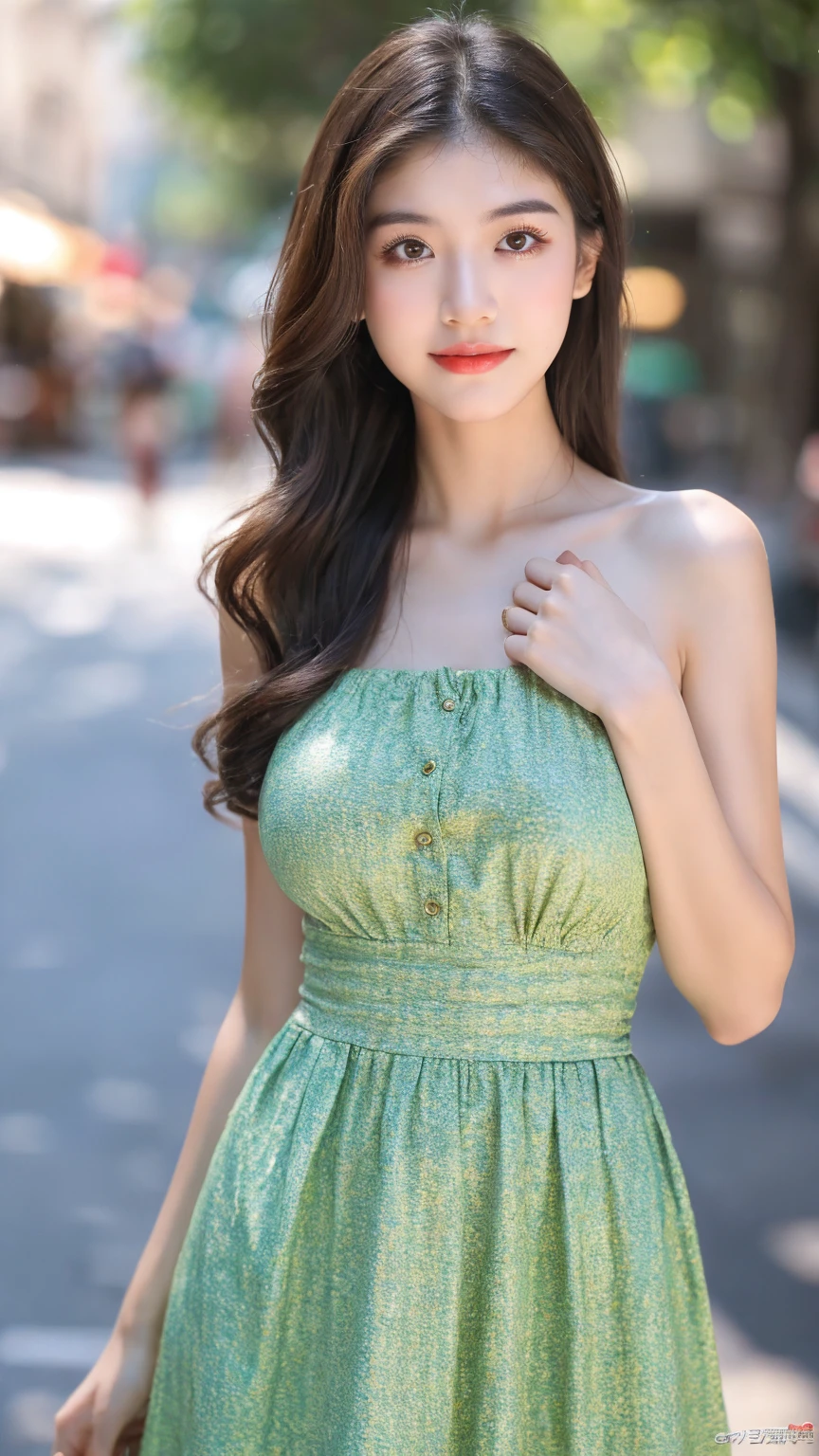 ((Best quality, 8K, masterpiece:1.3)),1girl,18 years old,Asian,Real texture:1.3,(Background blur:1.1),Gorgeous long dress,Tall and slender figure:1.2,(Hot summer weather),(street:1.3),Highly detailed face and skin textures,Exquisite eyes,Long eyelashes,Double eyelids,Skin Whitening,happy,Various postures,Big breasts