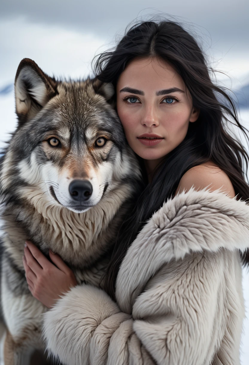 a naked white woman with black hair, hugging herself to keep warm, a wolf passes behind her and looks, the sky is grey, the scene takes place in the south pole, in the chilean patagonia, (best quality,4k,8k,highres,masterpiece:1.2),ultra-detailed,(realistic,photorealistic,photo-realistic:1.37),detailed portrait, beautiful detailed eyes, beautiful detailed lips, extremely detailed face, long eyelashes, winter landscape, dramatic lighting, moody atmosphere, cinematic composition, muted color palette, snow covered ground, fur coat, wolf, patagonia, south pole