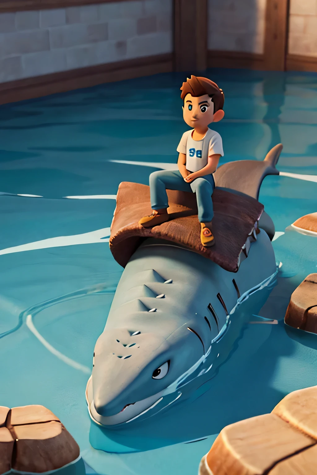 Plowed image of a boy sitting on top of a shark, inside the sea, animated movie, 3 d animated movie