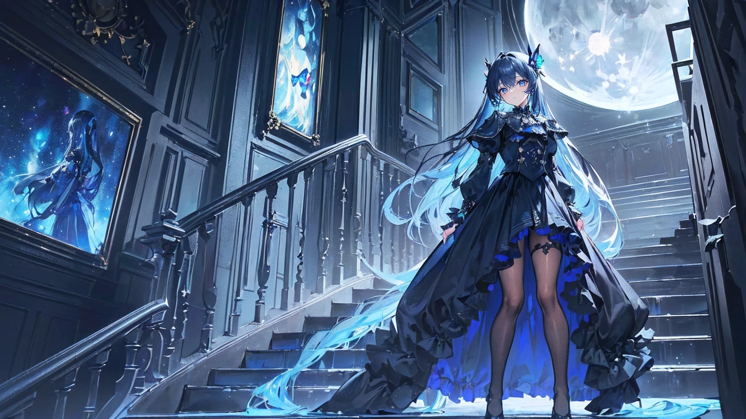 (Super detailed)),((illustration)),((masterpiece)),(((need))),((fine、Highest quality CG Unity 8K wallpapers,masterpiece),((4K,masterpiece,best quality)),A woman with long hair and waist,hair strand,expressive hair,Dark blue pupils,Dark blue tulle skirt,Dark blue coat,Dark blue butterflies,Galaxy,traveller,The hair is sky blue inside and dark blue outside,In the vast universe,Glass stairs under your feet,Go down the stairs,Feeling,A confident look,Behind is a blurry humanoid horror monster,The mutilated moon,Black Silk,individual,Full body picture