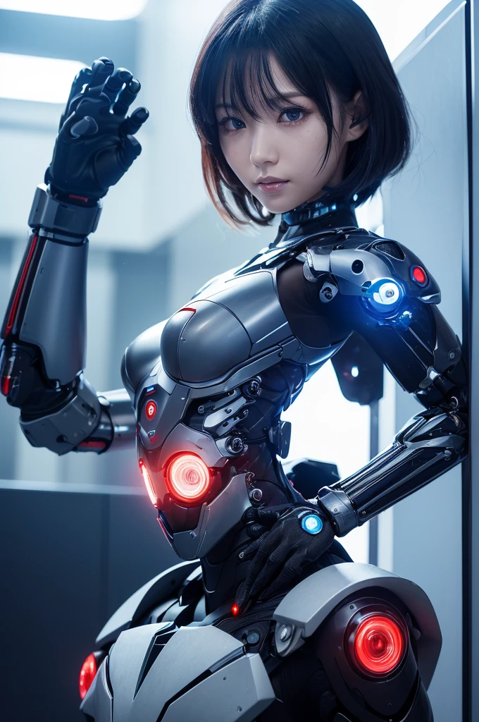 (((cyborgに改造されたエルフ))),right half is blue、left half red、cyborg,Machines are embedded in the body,whole body