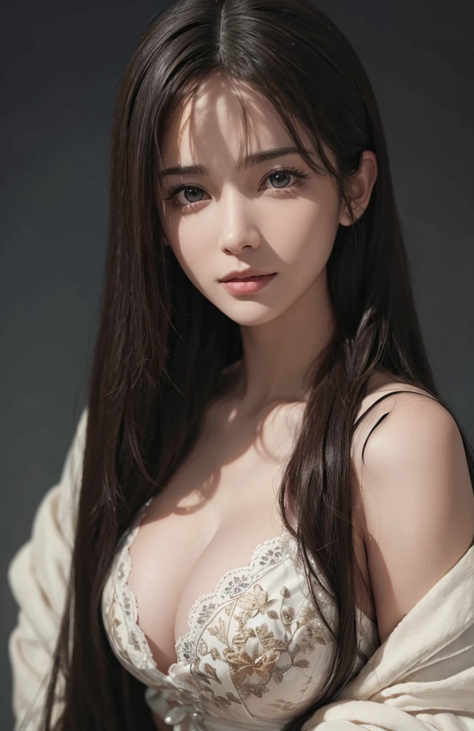 (Ultra Realistic), (Illustration), (Increased Resolution), (8K), (Extremely Detailed), (Best Illustration), (Beautiful and Detailed Eyes), (Best Quality), (Ultra Detailed), (Masterpiece ), ( wallpaper), (detailed face), solo, 1 girl, looking at viewer, fine details, detailed face, in the dark, deep shadows, low key, pureerosfaceace_v1, smiling, long hair, black shawl straight hair , 46 points oblique bangs