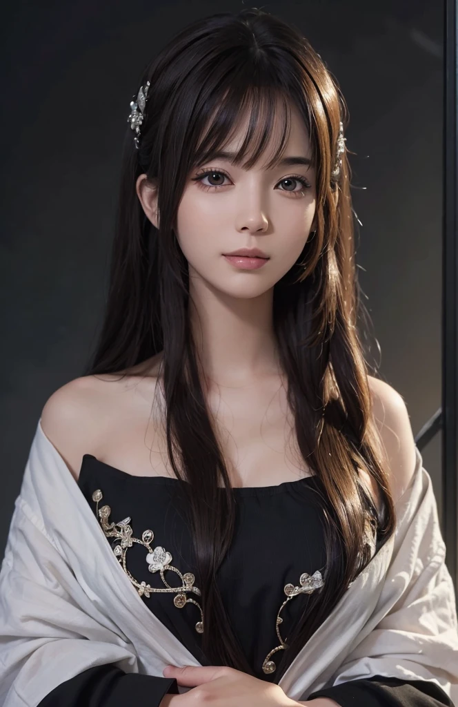 (Ultra Realistic), (Illustration), (Increased Resolution), (8K), (Extremely Detailed), (Best Illustration), (Beautiful and Detailed Eyes), (Best Quality), (Ultra Detailed), (Masterpiece ), ( wallpaper), (detailed face), solo, 1 girl, looking at viewer, fine details, detailed face, in the dark, deep shadows, low key, pureerosfaceace_v1, smiling, long hair, black shawl straight hair , 46 points oblique bangs