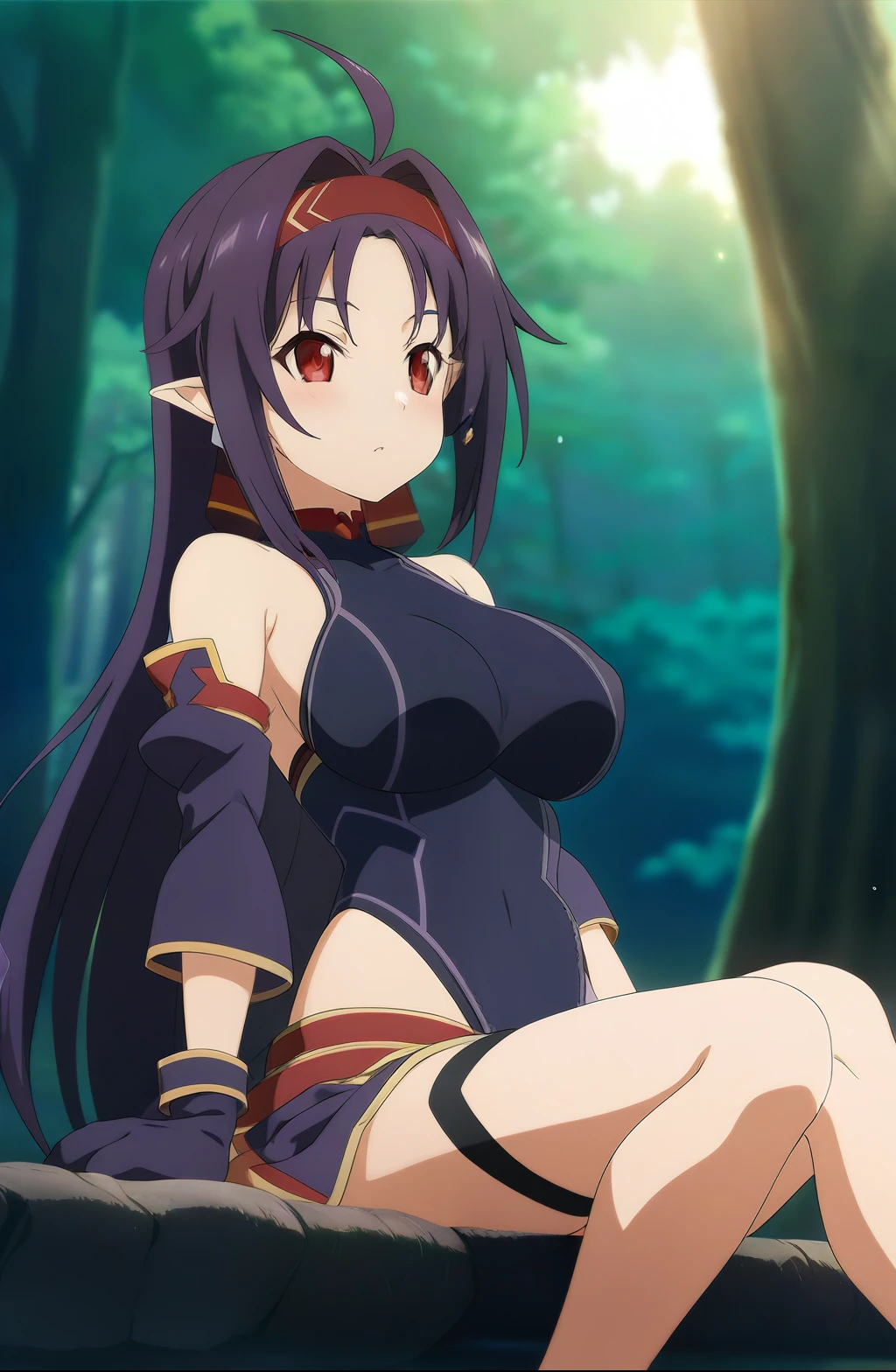 yuuki base, purple hair, long hair, ahoge, red eyes, pointy ears, hairband, bikini, detached sleeves, leotard, purple skirt, bare shoulders, gloves, 1girl, solo, big breast,magical forest, dappled sunlight, sunset, depth of field, cinematic, game cg, anime screencap, official art, masterpiece, best quality, 