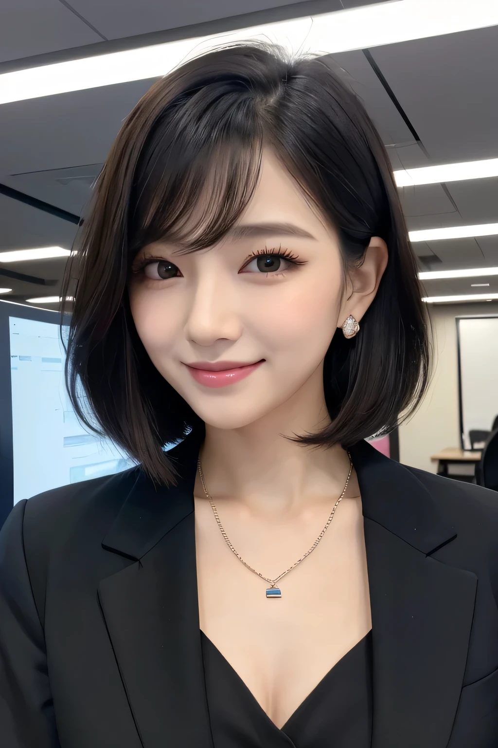 Beautiful young woman、 Black Hair、、Wavy Hair、Working in front of a computer、Necklace around the neck、Office Lady Suits、Jacket、Unbuttoned shirt、Flashy makeup、smile、Beautiful teeth alignment、short hair、Intricate details, Very detailed:1.2), 、 Looking into the camera,The background is the office、Necklace around the neck、Dark eyeliner、ear piercing