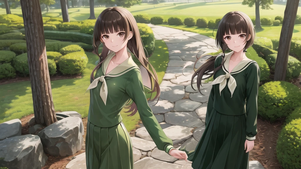 masterpiece, Highest quality, High resolution, aayoshino, , Long Hair, Twin Blade, Brown eyes, Hair that falls over the shoulders, , Sailor collar, neckerchief, Green Shirt, One piece sailor shirt, Long sleeve, Green Skirt, Long skirt, Are standing, Cowboy Shot, Outdoor, Person on the right, radiant face