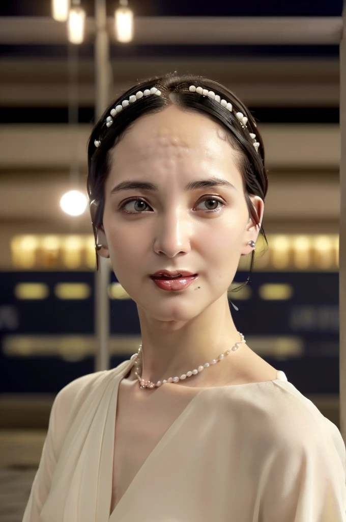 (((Ultimate Photorealistic, ultimate high-quality 32k photo))),(((From the front、cowboy-shot photo, looking at viewer))),(((( Seductive pose, 7 heads、Staring Intently :1.8)))),(((A pure white business blouse with a wide V-neck and extremely thin fabric., Soaking wet、She is looking straight at the camera with a very shy look on her face.。light makeup、A simply styled, lustrous, short black haircut。A very simple and very modest pearl necklace 1.4)))。((Highest quality)), ((masterpiece)), (((detailed))), (midnight ,A modern train station platform in Tokyo on a dark, pouring, stormy night, Low Key Lighting:1.6)、(((A very beautiful, extremely elegant and intelligent 39-year-old Japanese woman。Very intelligent, with a face and figure like a Greek goddess。An extremely elegant, calm and modest smile, Being drunk、My eyes are quite watery、I&#39;m very horny、embarrassed ,blush, Curvy Body、Extremely realistic, detailed and beautiful depiction of the face and waist:1.9)))、(((The skin is white and very smooth。A very hot rainy summer night、I&#39;m pretty sweaty、My clothes were soaked and pretty see-through.、When wet, it sticks tightly to the skin, revealing the beautiful lines of the body.、Through the extremely thin fabric, her skin and her navy blue, lacy, high-end underwear are clearly visible.:1.9)))。(((A simple and elegant business pencil skirt in a plain navy blue knee-length,The clothes fit the body very well:1.8))), ((Healthy Body、The line of the chest, collarbone and décolletage are extremely beautiful.:1.9))。(((large&good hips、large&nice chests )))