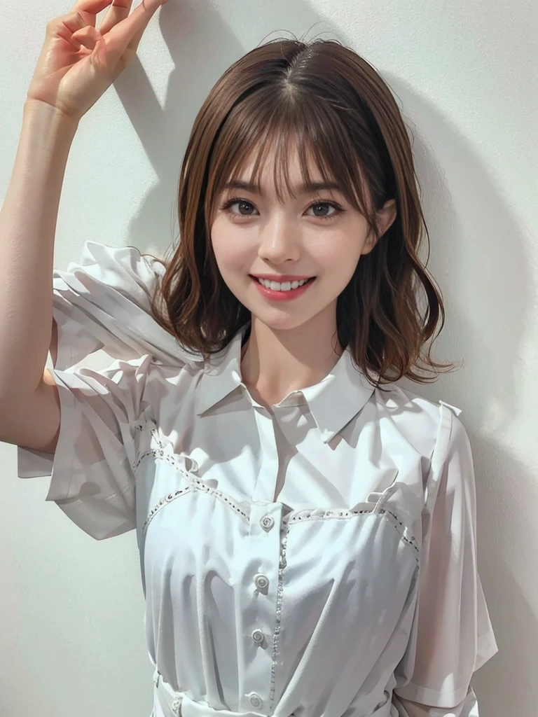raw photo, 1girl, cute face, beautiful face, medium breast, collared blouse, White blouse, light smile, Upper body, detailed skin, pore, simple background, frontal face, wallpaper, photorealistic, anatomically correct, masterpiece, best quality, UHD
