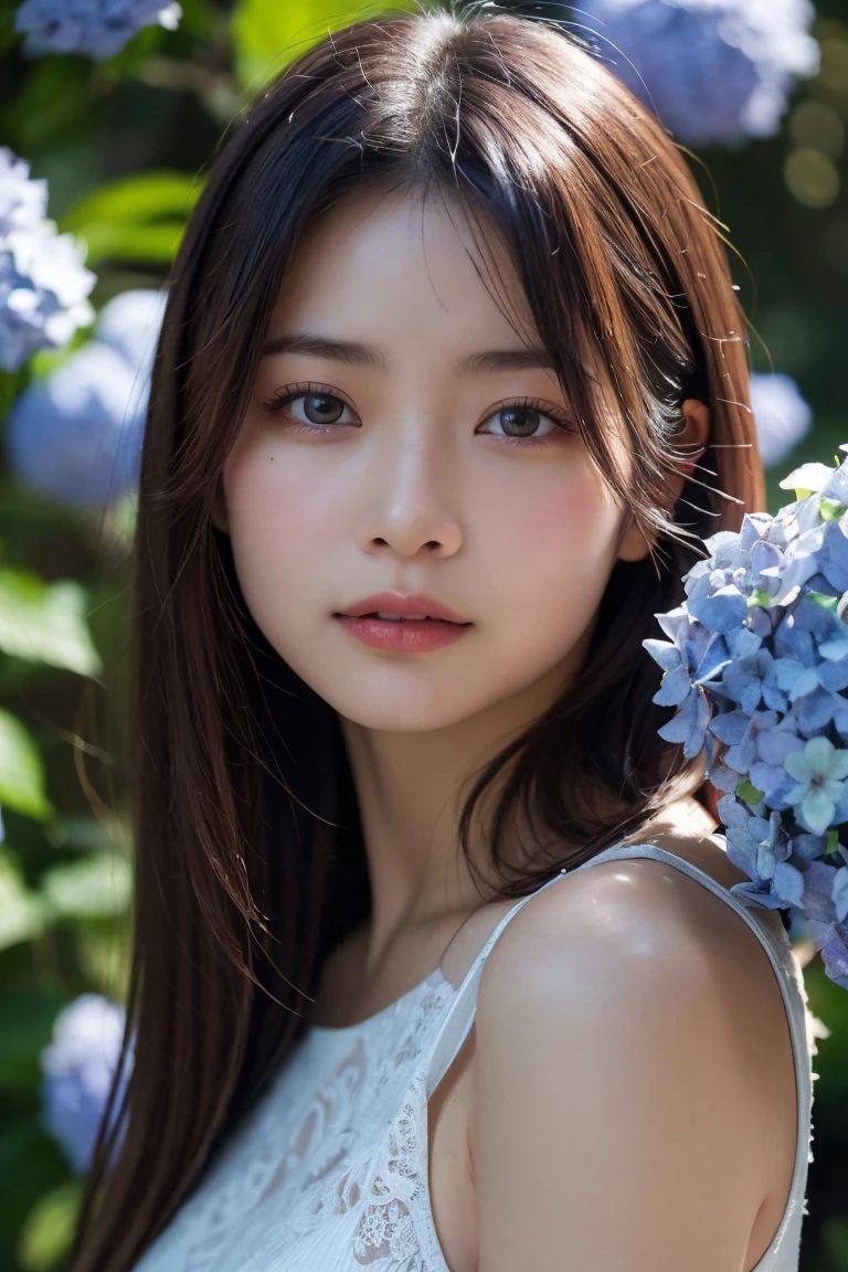 A highly detailed, photorealistic portrait of a beautiful young Asian woman with smooth skin, large expressive eyes, and natural makeup. She is surrounded by lush hydrangea bushes, with soft lighting and a shallow depth of field. The background is slightly blurred to emphasize her face. The image should capture her serene and gentle expression, with a focus on her delicate features and the natural beauty of the scene. High resolution, 8K, ultra-detailed, masterpiece, best quality.((China dress))、((Upper Body:1.3))
