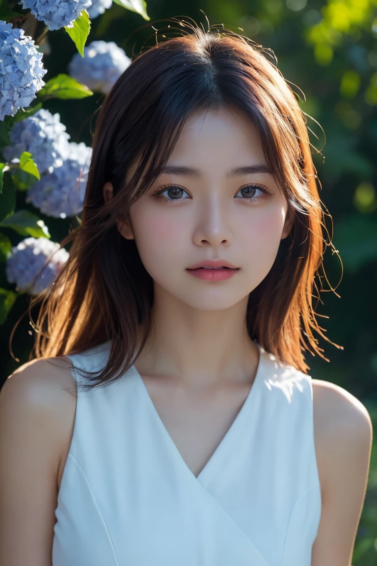 A highly detailed, photorealistic portrait of a beautiful young Asian woman with smooth skin, large expressive eyes, and natural makeup. She is surrounded by lush hydrangea bushes, with soft lighting and a shallow depth of field. The background is slightly blurred to emphasize her face. The image should capture her serene and gentle expression, with a focus on her delicate features and the natural beauty of the scene. High resolution, 8K, ultra-detailed, masterpiece, best quality.((China dress))、((Upper Body:1.3))