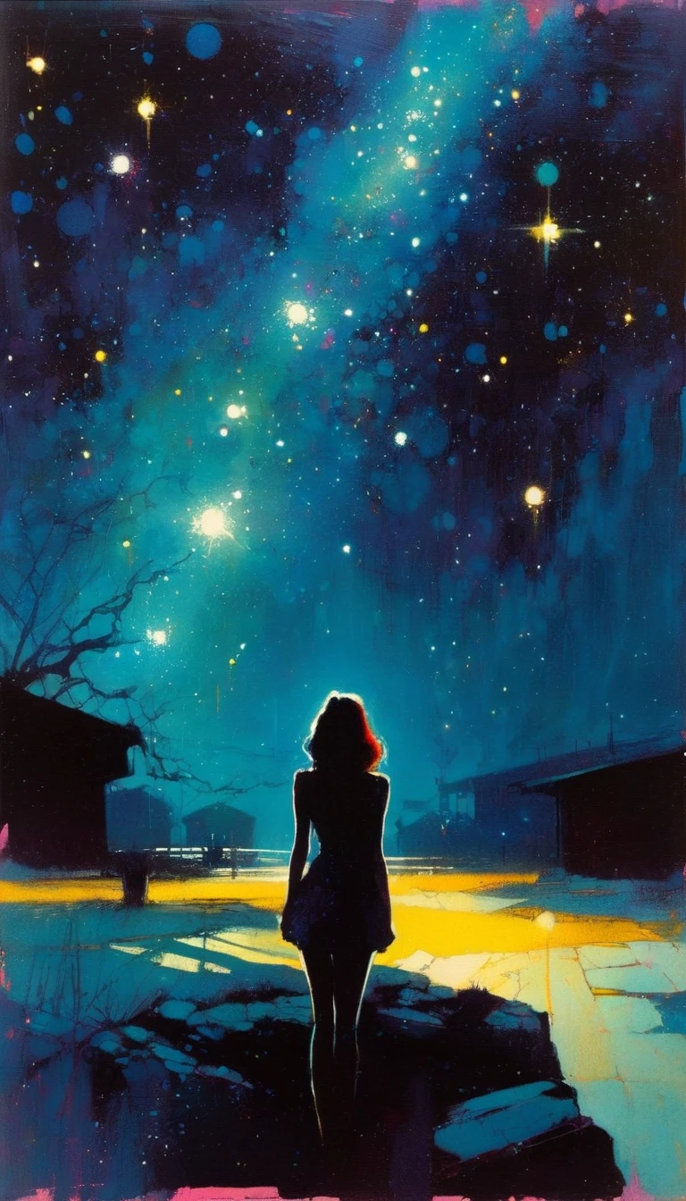 alone, sexy, night, stars, loneliness (art inspired by Bill Sienkiewicz ). oil painting)