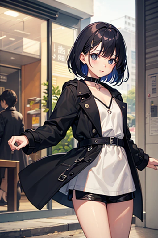 Highest quality、Black Hair、Iris、Short Hair、Girl、cute、、Black trench coat、A little embarrassing、Embarrassed、、Small breasts、Small hair fastening、