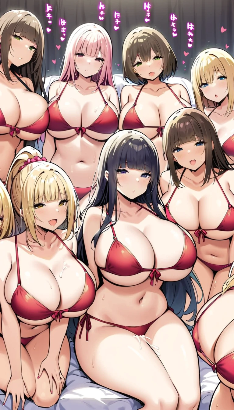 Highest quality, High resolution, Big Breasts、JK,A lot of girls in a very small room ,10 Girls、bikini、Heart symbol and sound effect、Sex、Chest full of sperm、Insert the tip of the penis into the vagina、Straddle the viewer、Bukkake、Pant voice、white and bright skin、Blunt bangs、The girl trembles with joy、They are all very tall、Surrounded by tall girls、Thighs、Adult women、Being looked down upon by many girls、Kind Face、A composition that clearly shows the face、A harem of big women、Many women are lining up、Small head、The body is large
