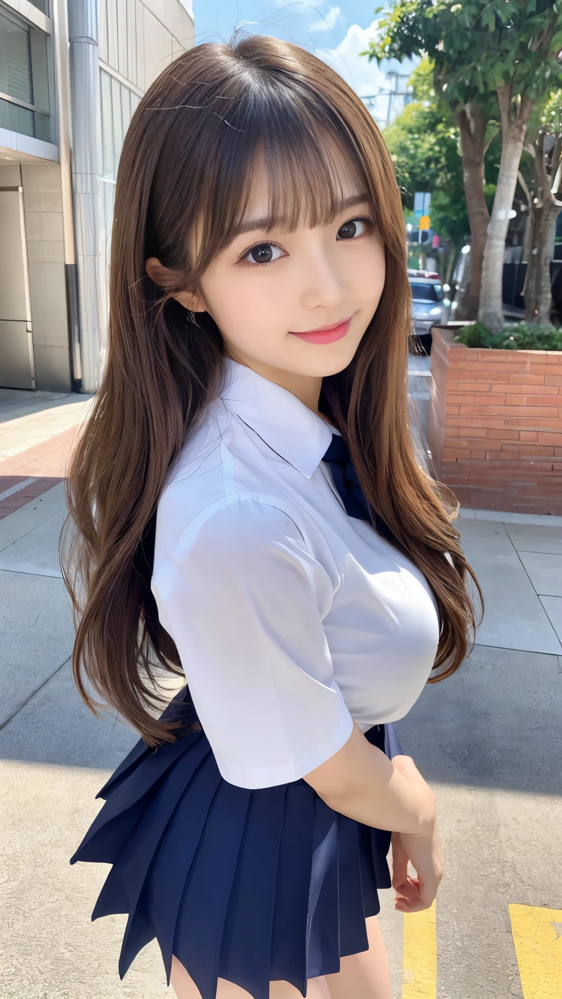 (Detailed skin:1.2),(Shiny skin:1.1),8K,Highest quality, masterpiece, Ultra-high resolution,(Realistic:1.4), RAW Photos,(Soft saturation:1.3),(Fair skin:1.2),Japanese Idols,repair,20 years, Light brown hair, （Shore Surf:1.2)、（Long Hairstyles:1.2), Asymmetrical Hair, Asymmetrical bangs (Pretty face:1.4), (Large Breasts, Tight waist), Beautiful lighting, Small Head, (Student Uniform:1.2,),Highly detailed face, Highly detailed lips, fine grain, double eyelid,（Full Body Shot）, Browsing Caution, （Sharp focus: 1.2）, （Perfect Anatomy、Beautiful woman with perfect figure: 1.2）、Exposing cleavage、Random sexy poses，Accentuate your leg lines、Smiling